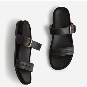 Madewell Dark Brown Leather Double-Strap Slide Sandals with Gold Buckles